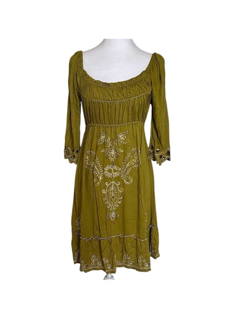 NWT Krista Lee Women’s Embellished Dress Size S Embroidery Green Ruched Ruffle